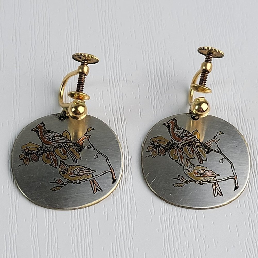 Reed & Barton Damascene Cardinal Bird Drop Earrings 12KGF Gold 1 Inch Screw Back